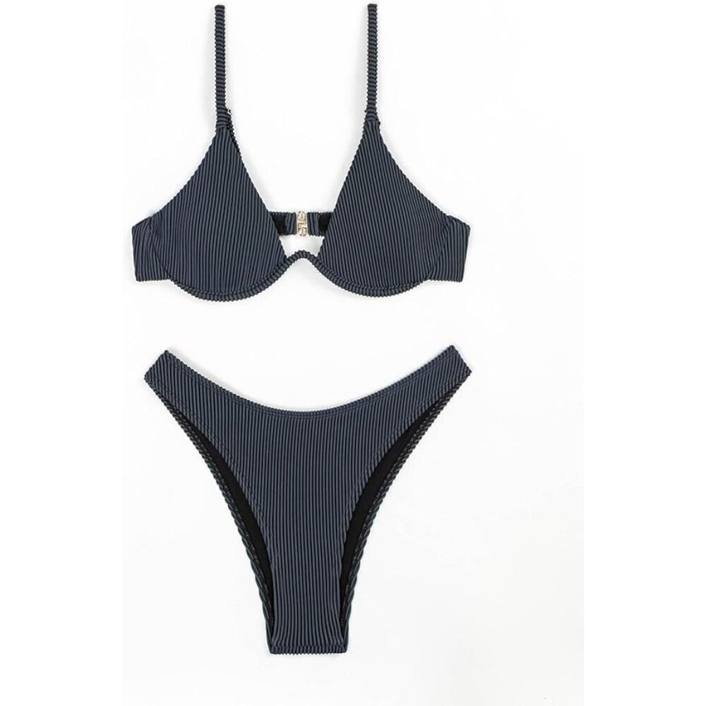 Women's Gray Two-Piece Underwire Thong Triangle Bikini - Size M/L, NWOT - Picture 7 of 8